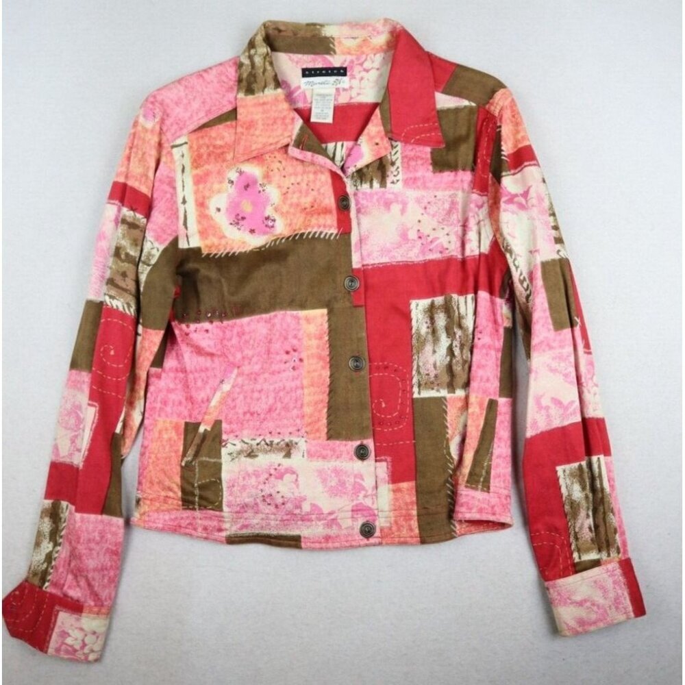 MURELI - WOMEN'S RED PINK BROWN PRINT LONG SLEEVE BUTTON-UP JACKET - SIZE M